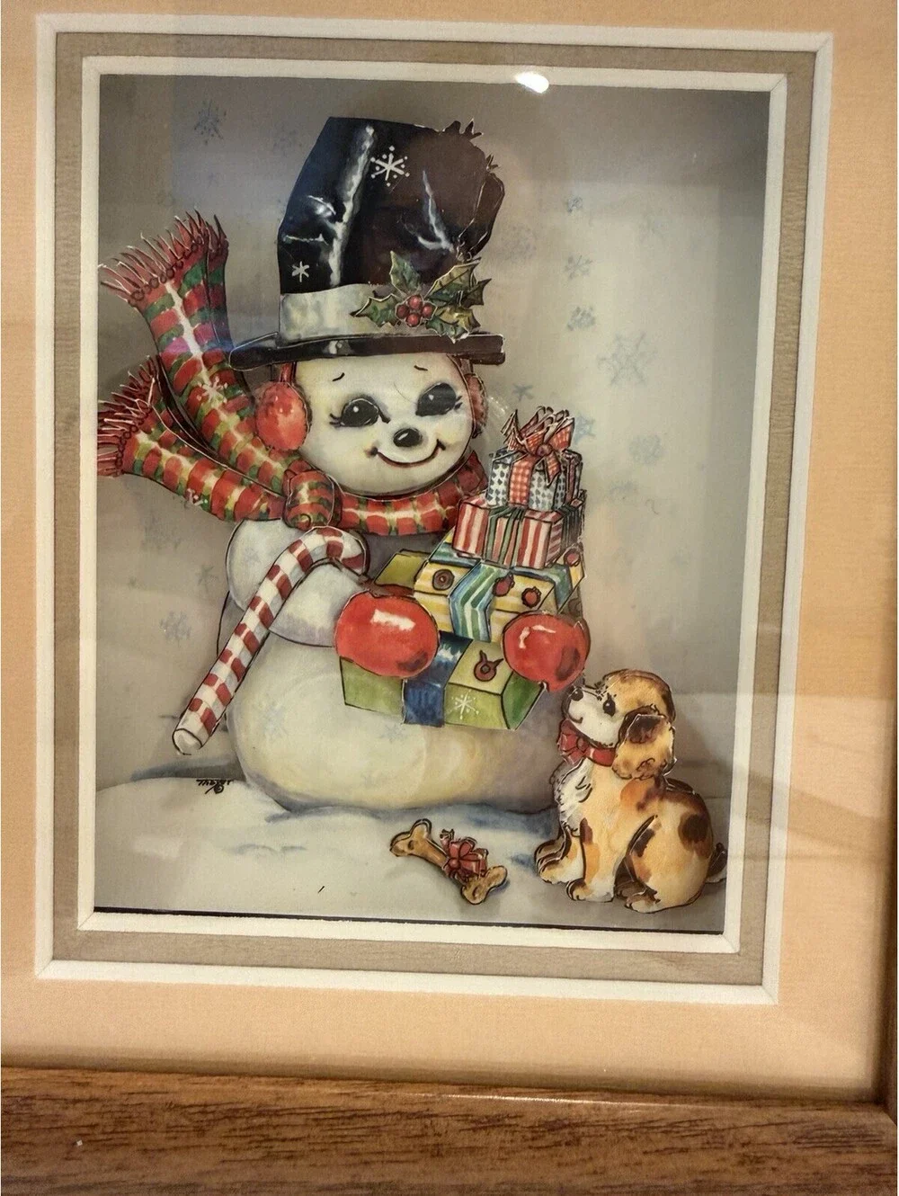 Vtg Christmas 3D Shadowbox Snowman & Puppy  Picture Excellent